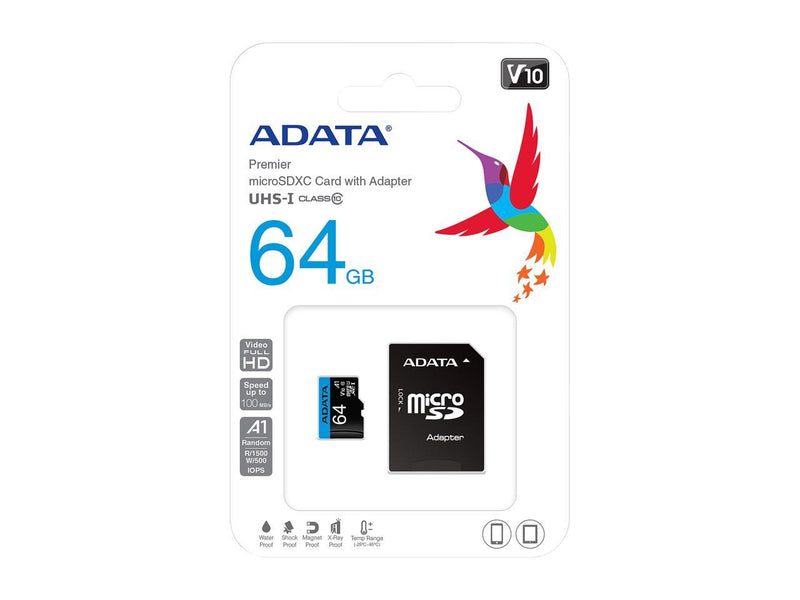 ADATA Premier 64GB MicroSDHC/SDXC UHS-I Class 10 V10 A1 Memory Card with