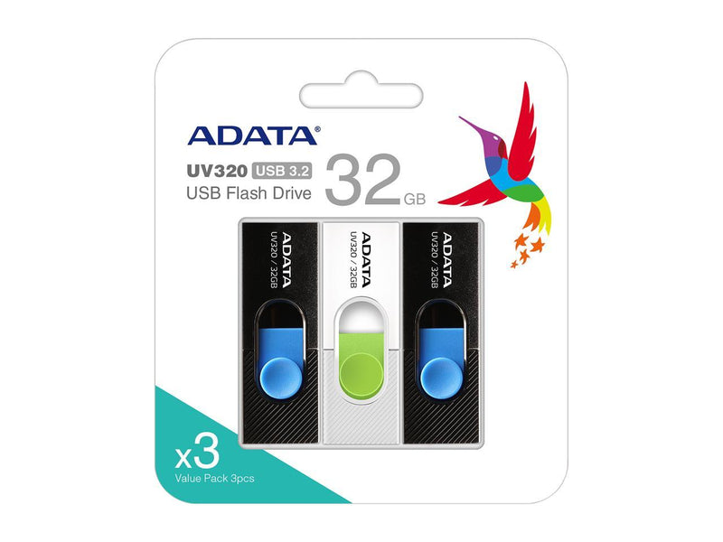 ADATA UV320 32GBx3 USB 3.2 Quick Slide Capless Flash Drive 3 Pack Combo