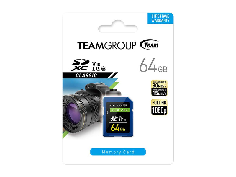 Team Group 64GB Classic SD Card U1 V10 C10 Card Read/Write Speed Up to 80/15MB/s