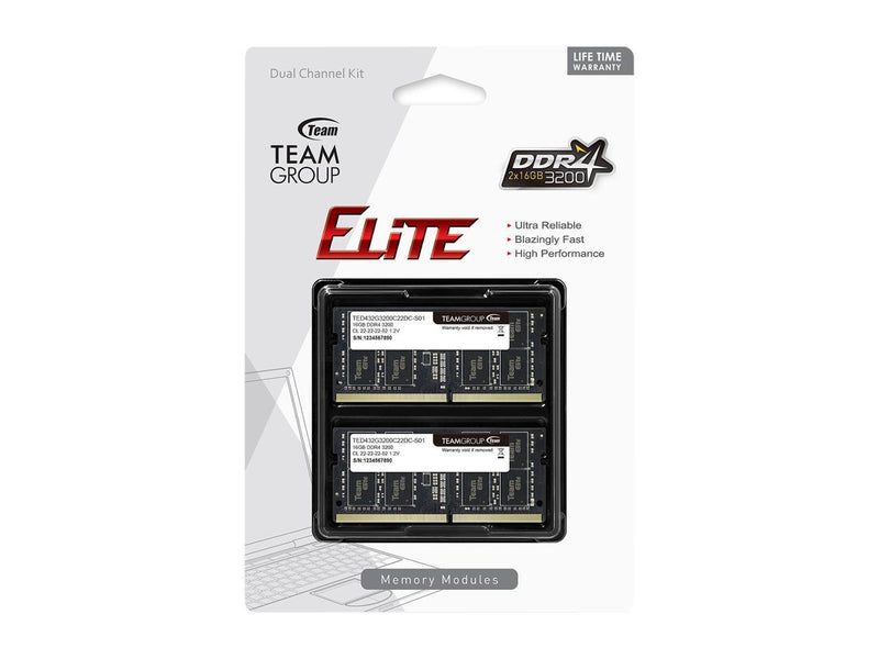 TEAMGROUP Elite DDR4 32GB Kit (2 x 16GB) 3200MHz PC4-25600 CL22 Unbuffered