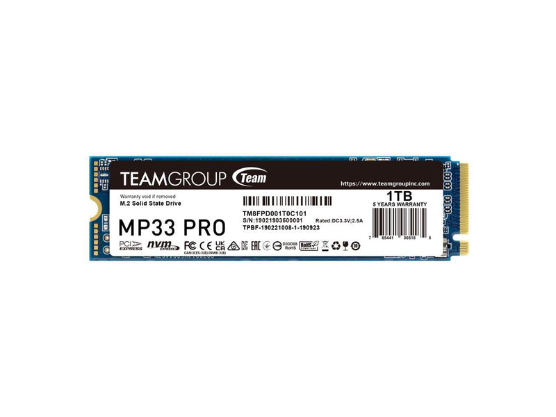 TEAMGROUP MP33 PRO 1TB SLC Cache 3D NAND TLC NVMe 1.3 PCIe Gen3x4 M.2