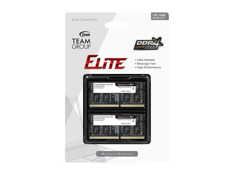 TEAMGROUP Elite DDR4 64GB Kit (2 x 32GB) 2666MHz PC4-21300 CL19 Unbuffered