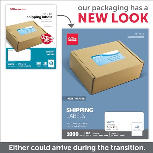 Office Depot White Inkjet/Laser Shipping Labels,2"x 4",1000 Labels 505-O004-0008 - Brand New