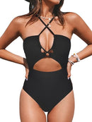 ASL0311EA CUPSHE Women's One Piece Swimsuit Plunge V Cutout Bathing Suit M Black - Like New