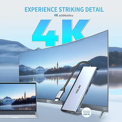 Yeolibo 9-in-1 USB C Hub Multiport Adapter 4K HDMI 100W SD RU9A - GREY - Like New