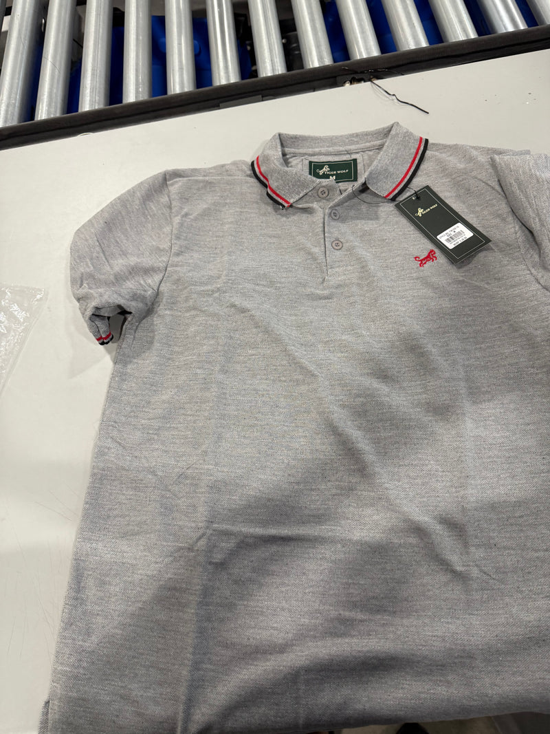 TIGER WOLF 3 BUTTON POLO SHIRT - SIZE: MEN M - GRAY/RED/BLACK - Brand New