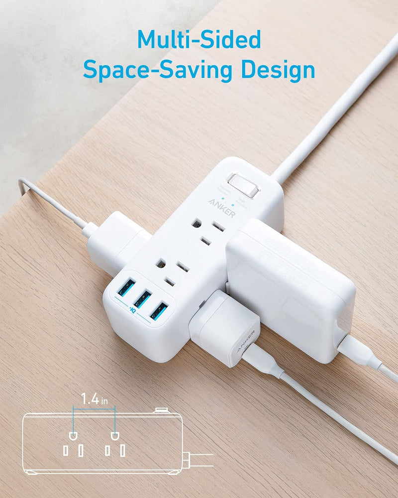 Anker USB Power Strip Surge Protector(300J), 5ft Cord, Flat Plug A9166 - White Like New