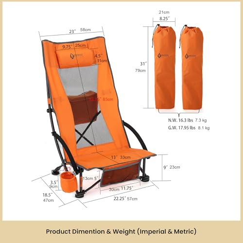 ARROWHEAD OUTDOOR 2-PACK LOW SEATING FOLDING BEACH CHAIR - ORANGE - Like New