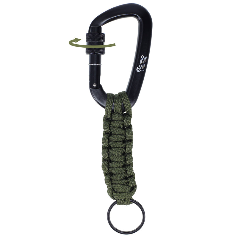 Scipio Carabiner Twist Closure 20901C - Carabiner Clip for Keys and Water Bottle Keychain and Paracord Hook with Secured Clipping Gate - Green Cord