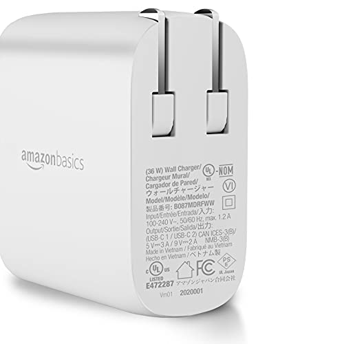 AMAZON BASICS 36W TWO-PORT USB-C WALL CHARGER PHONES POWER DELIVERY - WHITE - Like New