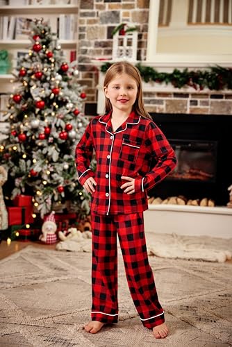 Arshiner Pajamas Set for Girls Plaid Long Sleeve Lounge Set Button Down Pj Sets - Brand New