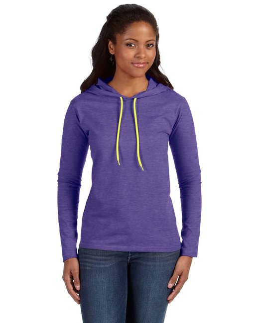 887L Anvil Ladies Long-Sleeve Hooded Heather Purple/Neon Yellow S Like New