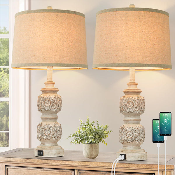 VERON FARMHOUSE TABLE LAMPS SET 2 26” TALL NIGHTSTAND USB PORTS WASHED WHITE - Like New