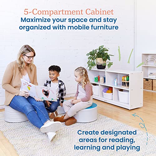 ECR4KIDS 5-COMPARTMENT MOBILE STORAGE CABINET, CLASSROOM FURNITURE WHITE WASH - Like New
