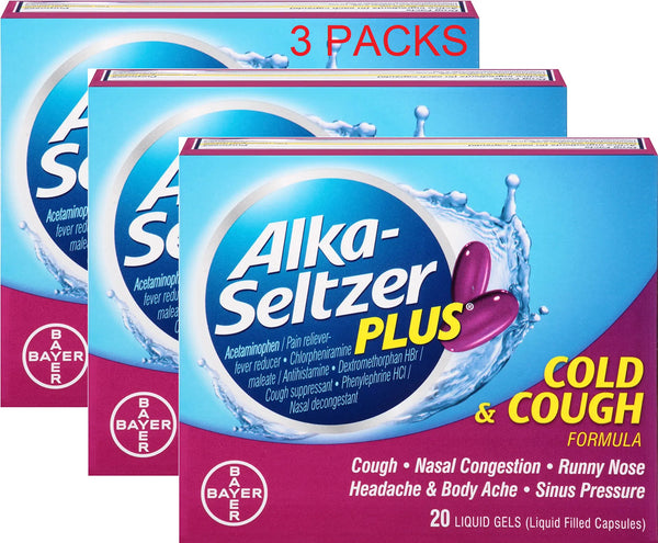 Alka-Seltzer Plus Cold and Cough Liquid Gels, 20 Count - 3 Pack (60 Total) New