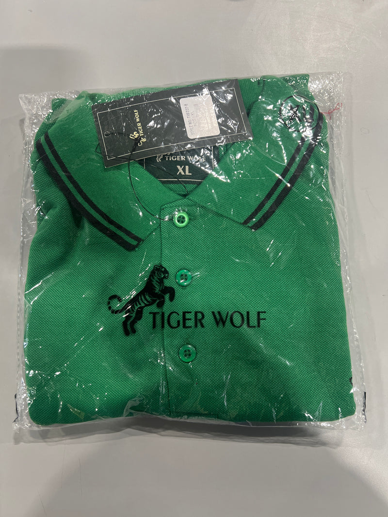 TIGER WOLF 3 BUTTON POLO SHIRT - SIZE: MEN XL - GREEN/BLACK - Like New