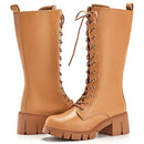 TINSTREE Mid Chunky Boots for Women Buckle Leather Combat Lace Up Mid-Calf Brown - Like New