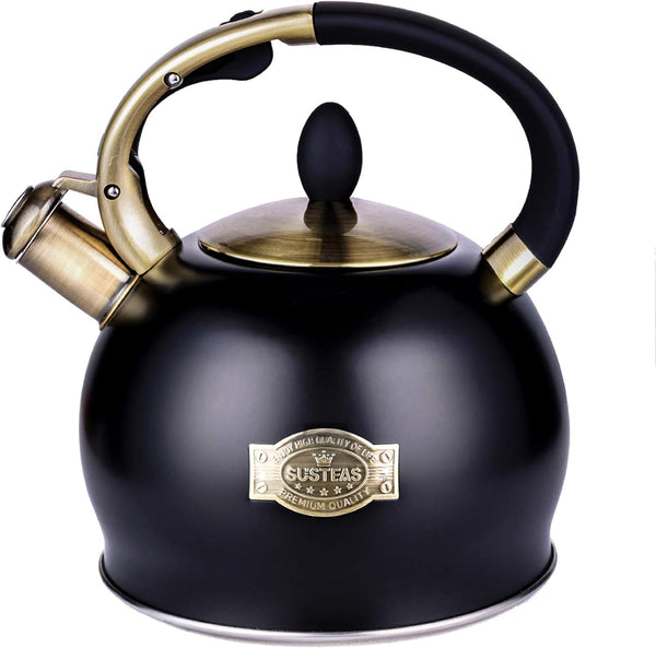 SUSTEAS 2.64 Quart Stove Top Whistling Surgical Stainless Steel Tea Kettle BLACK Like New