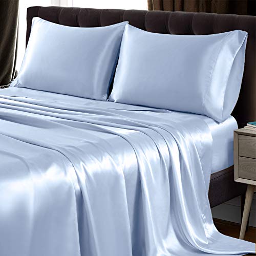 SiinvdaBZX 4Pcs Satin Sheet Set Queen Size Ultra Silky Soft Baby Blue - Like New