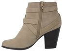 MVE Shoes Double Crisscross Buckle Bootie Side Zip Stacked Heel - Taupe Dist 10 - Brand New
