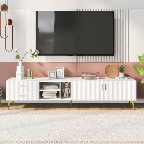 WASAFIRE MODERN TV STAND WITH 5 CHAMPAGNE LEGS-DURABLE STYLISH SPACIOUS -WHITE - Like New