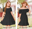 Arshiner Girls Tie Back Short Sleeve Ruffle Hem Off Shoulder Casual Black Dress - Brand New