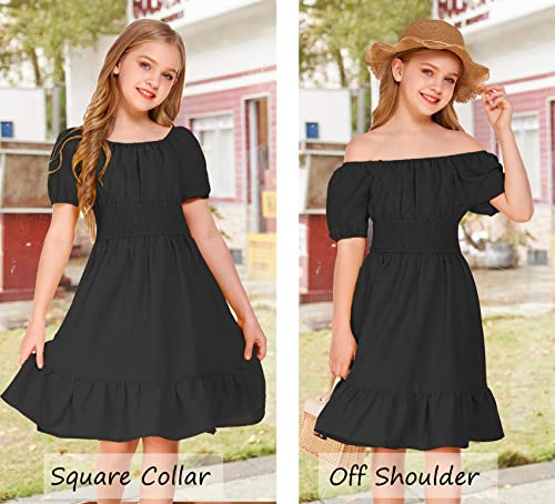 Arshiner Girls Tie Back Short Sleeve Ruffle Hem Off Shoulder Casual Black Dress - Brand New