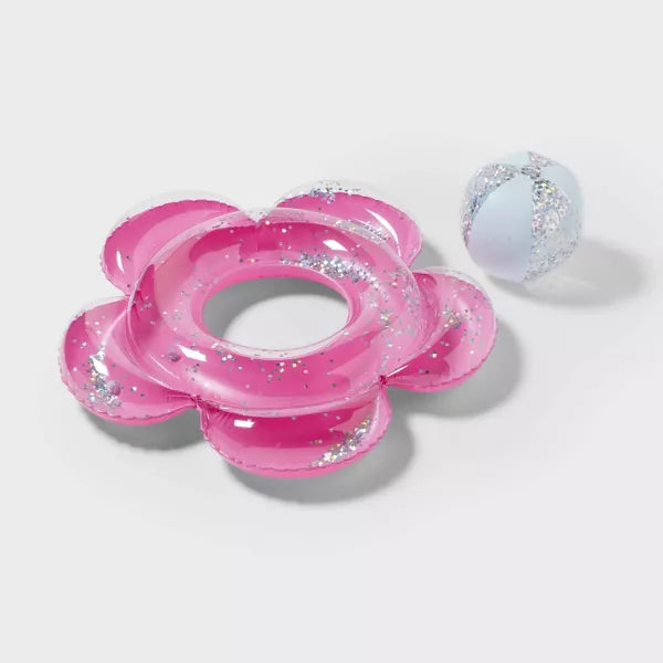 SUN SQUAD FLOWER TUBE SMS WATER FLOATS AND INFLATABLES - SLIVER GLITTER/PINK - Like New