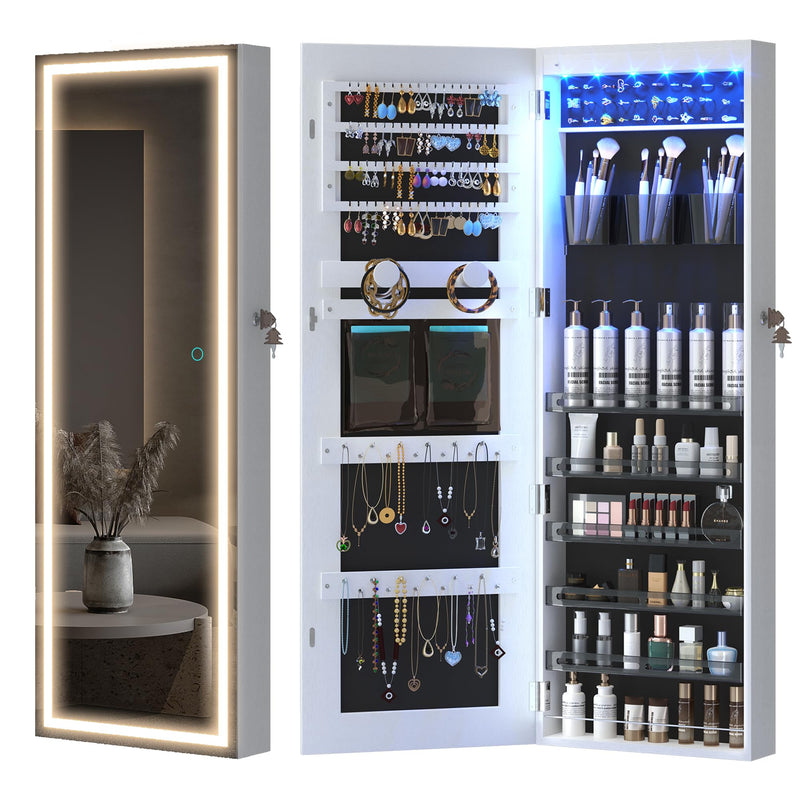 LVSOMT LED Mirror Jewelry Cabinet, Wall/Door Mount Jewelry Armoire/Organizer - Like New