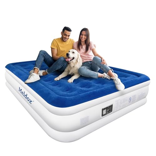 MELDOZ QUEEN AIR MATTRESS WITH BUILT-IN PUMP 20" - BLUE/WHITE - Like New