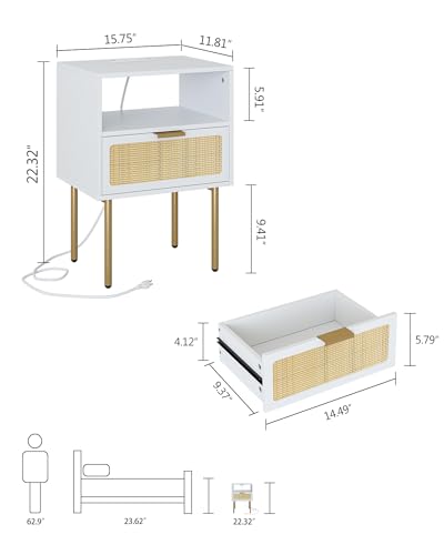 AOBAFUIR HZ1215 RATTAN NIGHTSTAND CHARGING STATION NIGHT STAND - WHITE - Like New