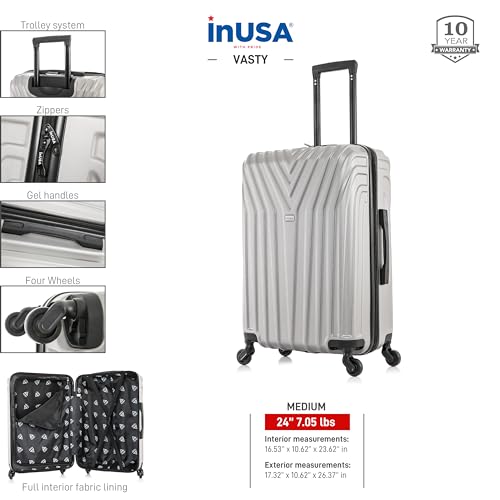 InUSA VASTY Luggage with Spinner Wheels | 24-Inch Medium Checked Luggage - Grey - Like New