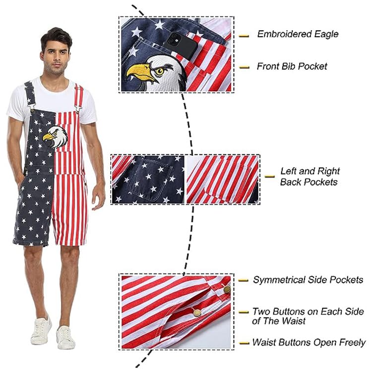 YUANBANG UNISEX PRINTED OVERALLS SHORTS ROMPER MEN 6XL - RED-1 - Like New