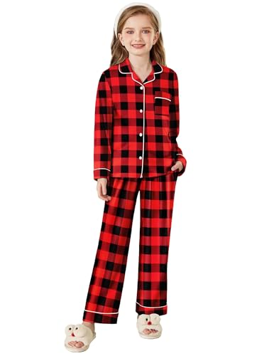 Arshiner Pajamas Set for Girls Plaid Long Sleeve Lounge Set Button Down Pj Sets - Brand New