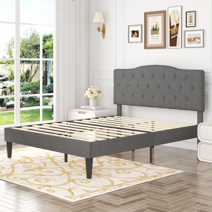 VECELO UPHOLSTERED PLATFORM BED FRAME WITH ADJUSTABLE HEADBOARD, QUEEN - GRAY - Like New