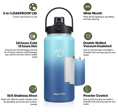 HYDROPAL 40 oz Insulated Water Bottle, 2-in-1 Lid, Thermos, HDP3064 - BLUE WAVE New