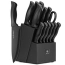 NULAS 15-PIECE KITCHEN KNIFE BLOCK SET WITH BUILT-IN SHARPENER - BLACK - Like New
