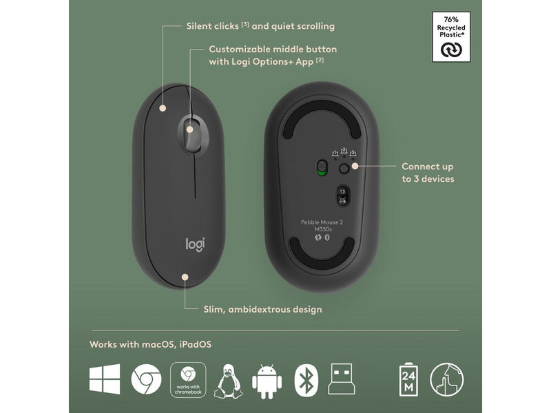 Logitech Pebble 2 Combo Wireless Quiet Keyboard and Mouse, Customisable, Logi