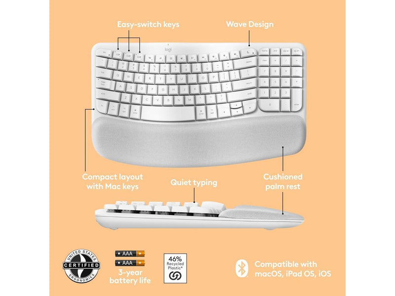 Logitech Wave Keys for Mac, Wireless Ergonomic Keyboard with Cushioned Palm