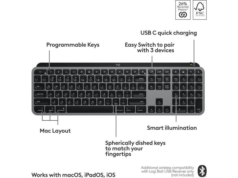 Logitech MX Keys S for Mac, Wireless Keyboard, Fluid, Precise Laptop-Like