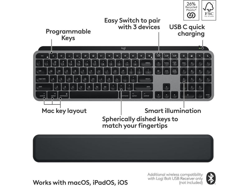 Logitech MX Keys S Combo for Mac, Wireless Keyboard and Mouse with Palm Rest,