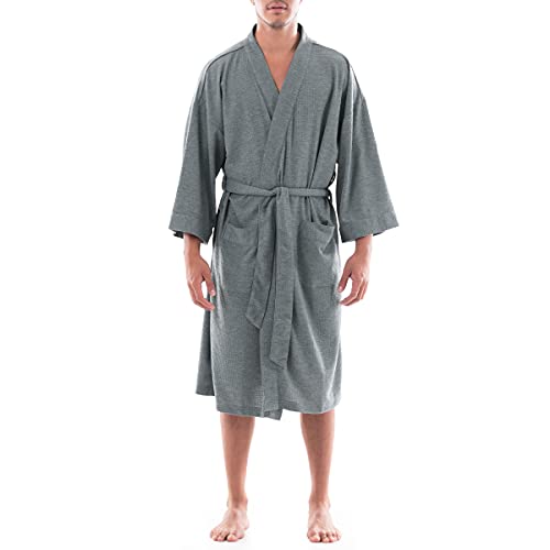 FRUIT OF THE LOOM MEN'S WAFFLE KIMONO ROBE - ONE SIZE - GRAY HEATHER - Like New