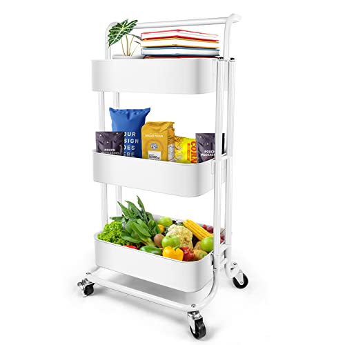 Homchwell 3 Tier Metal Utility Rolling Cart with Lockable Wheels, Multifunction - Like New