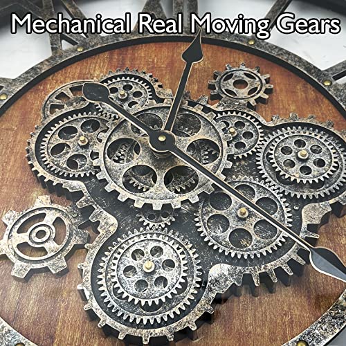 DORBOKER 27" Large Real Moving Gears Wall Clock Toughened Glass Cover - Brown - Like New