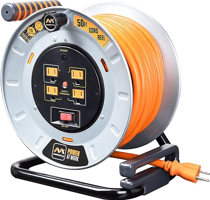 Masterplug 50 Ft. 15 Amp 12 AWG Medium Open Metal Reel 4-Sockets - Metal/Orange Like New