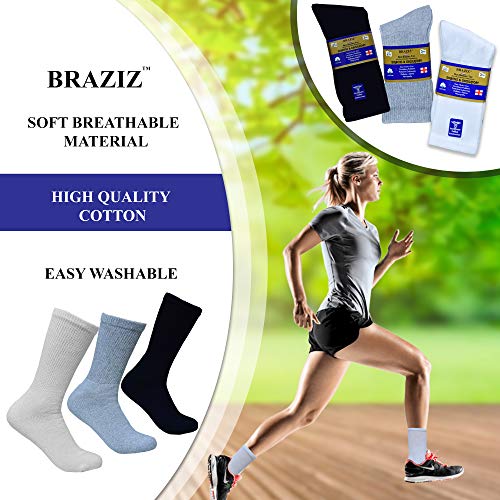 BRAZIZ 12 PAIRS NON-BINDING CUSHION COTTON DIABETIC CREW SOCKS WOMEN’S - BLACK - Brand New