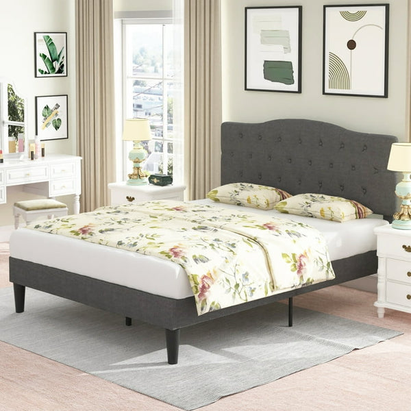 VECELO UPHOLSTERED PLATFORM BED FRAME WITH ADJUSTABLE HEADBOARD, QUEEN - GRAY - Like New