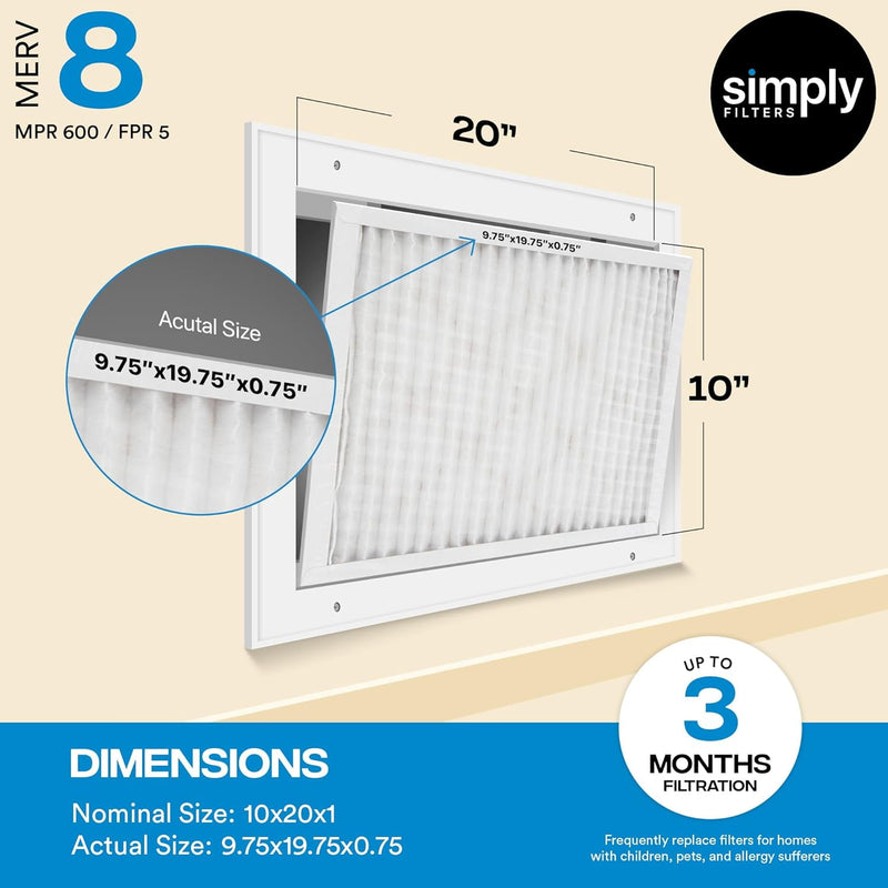 SIMPLY FILTERS 10X20X1 MERV 8, MPR 600 AC FURNACE HVAC AIR FILTER 6 PACK - WHITE - Like New