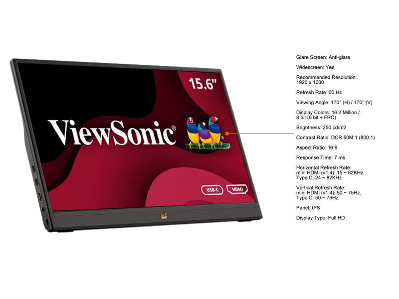 ViewSonic VA1655 15.6 Inch 1080p Portable IPS Monitor with Mobile Ergonomics,