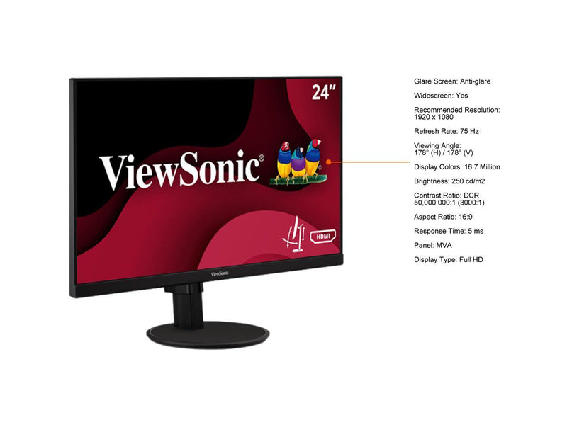 ViewSonic VA2447-MHJ 24 Inch Full HD 1080p Monitor with Advanced Ergonomics,